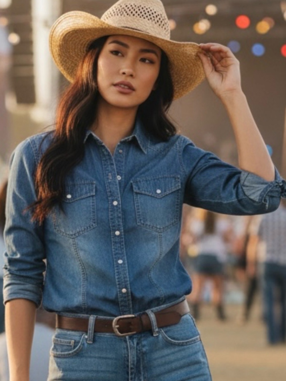 Denim long sleeve shirt, M, snap buttons fitted tailored Country Western Classic